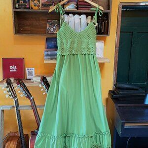 🌿 Sage Green Crochet Bodice Maxi Dress Tie Strap Boho Summer Dress 🌸